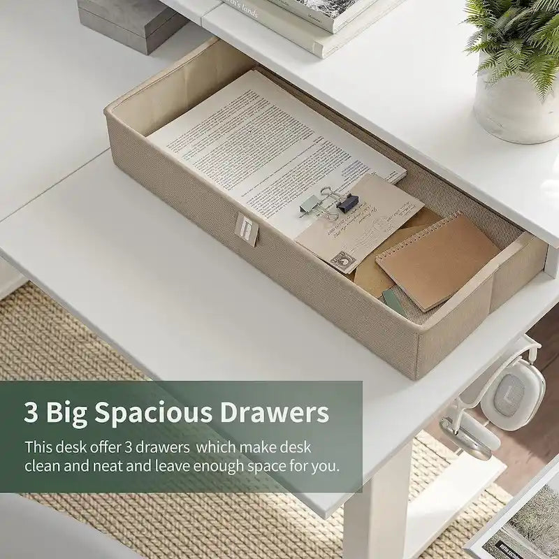 Bureau d'angle électrique debout avec 3 tiroirs et roulettes verrouillables, 160