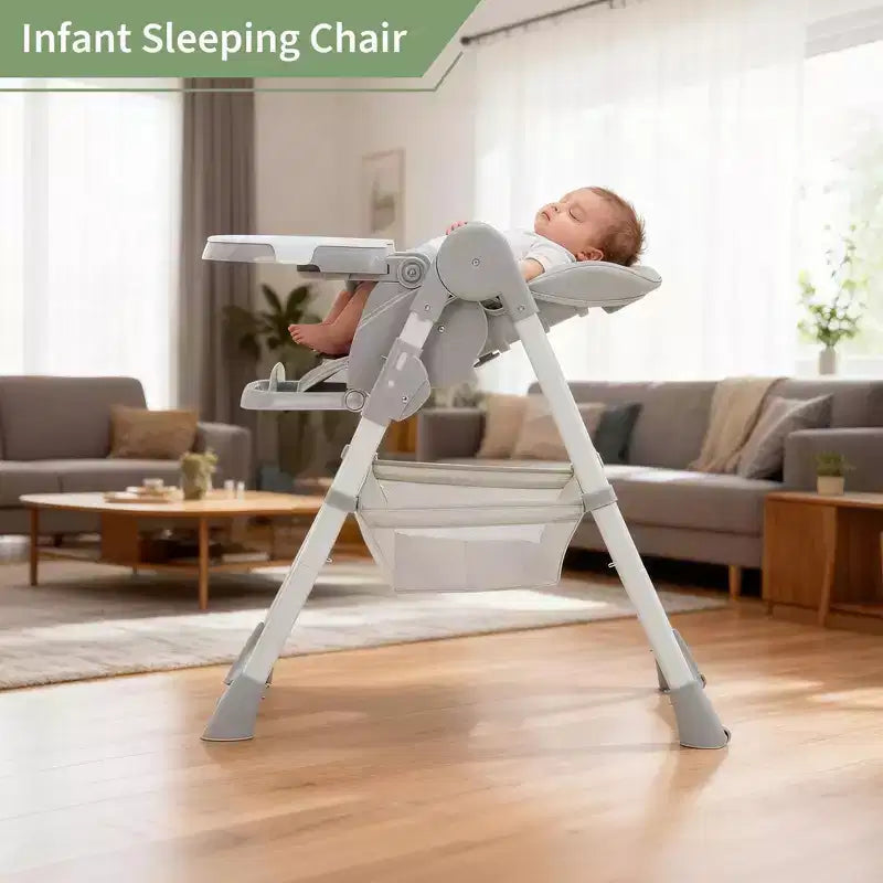 Chaise haute pliable pour bébés et tout-petits, chaise haute en cuir PU avec dossier réglable, hauteur d'assise, plateau amovible, harnais de sécurité 5 points et roues verrouillables