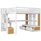 Lit mezzanine pleine grandeur avec escalier et bureau, cadre de lits mezzanine en bois avec tiroirs de rangement et étagères pour adultes, adolescents et enfants