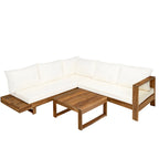 Canapé d'angle en forme de L, ensemble de canapés de patio avec table, canapé de salon en bois, ensemble de conversation extérieur 4 pièces