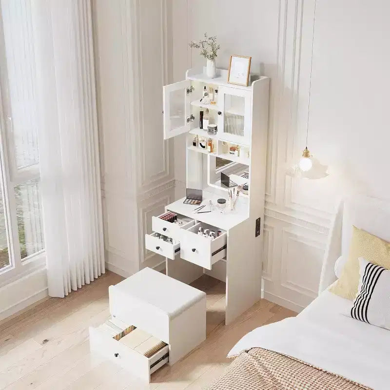 Coiffeuse 3-en-1 avec miroir lumineux, table de toilette compacte avec tiroirs, compartiment de rangement et tabouret roulant pour chambre à coucher