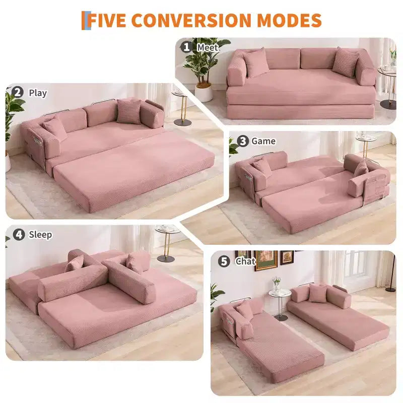 Canapé futon moderne en velours côtelé de 79 po pour petits espaces, canapé-lit convertible 5 en 1 avec accoudoirs et oreillers amovibles