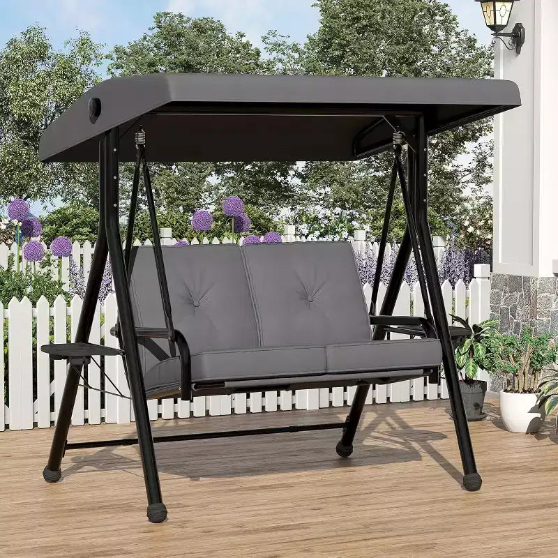 Balançoire de jardin 2 places avec auvent, assise rembourrée, cadre en fer robuste, banc d'extérieur résistant aux intempéries pour patio, balcon ou arrière-cour