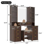 Ensemble de vanité moderne JVNOXK de 43,5 pouces avec miroir et lumière, doté de tiroirs et d'une armoire en verre transparent, inclut un tabouret et une station de recharge, marron