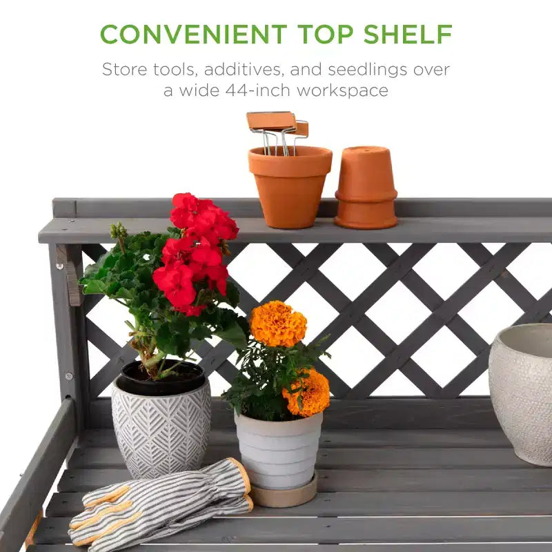 Table de rempotage de jardin en bois d'extérieur Best Choice Products, plan de travail avec tiroir de rangement et étagère ouverte