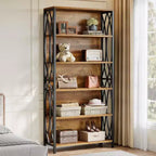 Bibliothèque industrielle Lantine 70.87, étagère à 6 niveaux avec cadre métallique géométrique et étagères de rangement ouvertes pour bureau à domicile, salon, marron