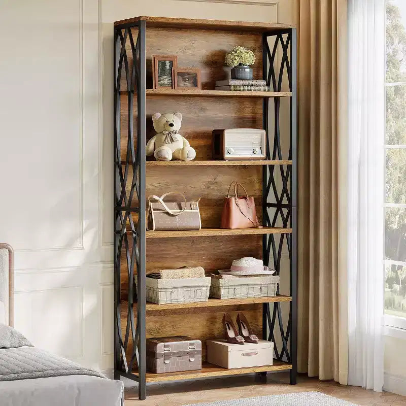 Bibliothèque industrielle Lantine 70.87, étagère à 6 niveaux avec cadre métallique géométrique et étagères de rangement ouvertes pour bureau à domicile, salon, marron