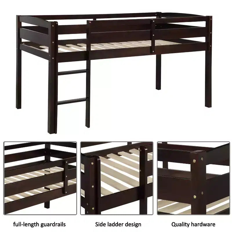 Lit mezzanine simple en bois massif Luxystar avec échelle et barrière de sécurité pour chambre d'enfant