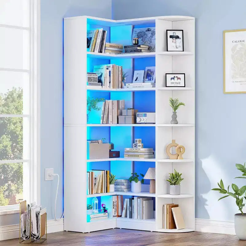 Étagère à 6 niveaux avec lumière LED, bibliothèque moderne de 180 cm, étagère d'angle en forme de L, meuble de rangement et de présentation.