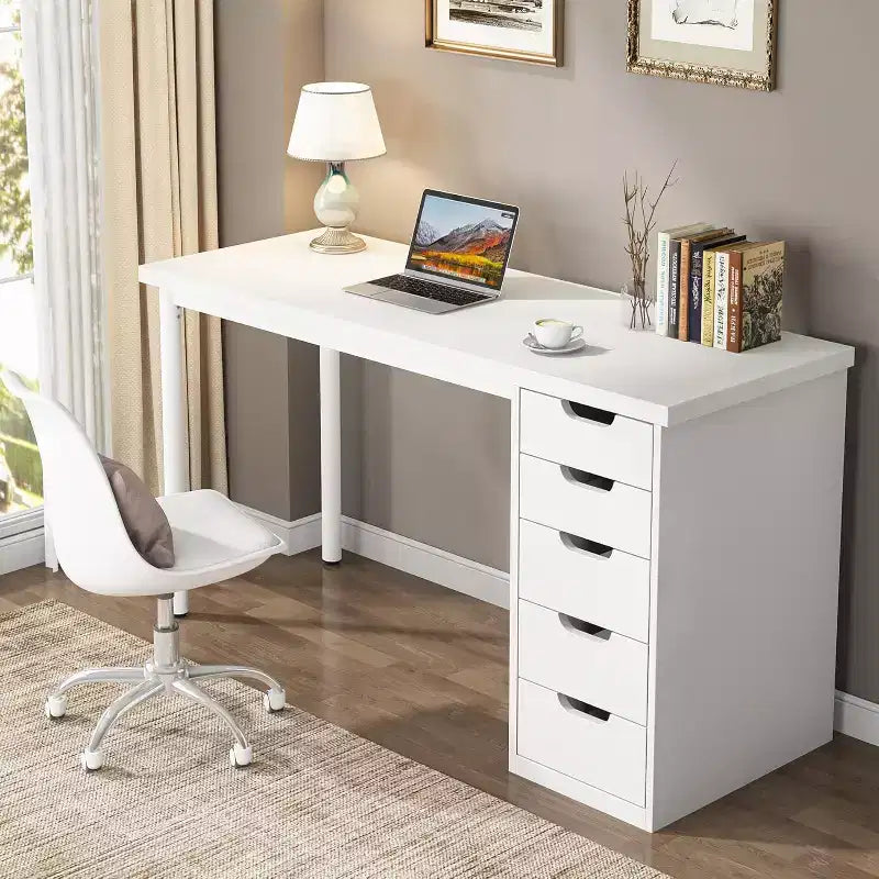 Bureau d'ordinateur Lantine avec 5 tiroirs, bureau moderne et simple de 119 cm pour la maison, le bureau et l'étude, idéal pour les petits espaces