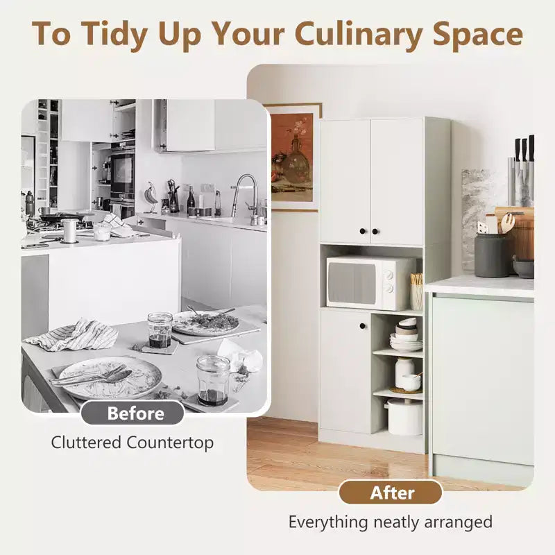 Meuble de rangement pour garde-manger Costway 166,4 cm de haut, meuble de cuisine moderne avec support micro-ondes marron/blanc