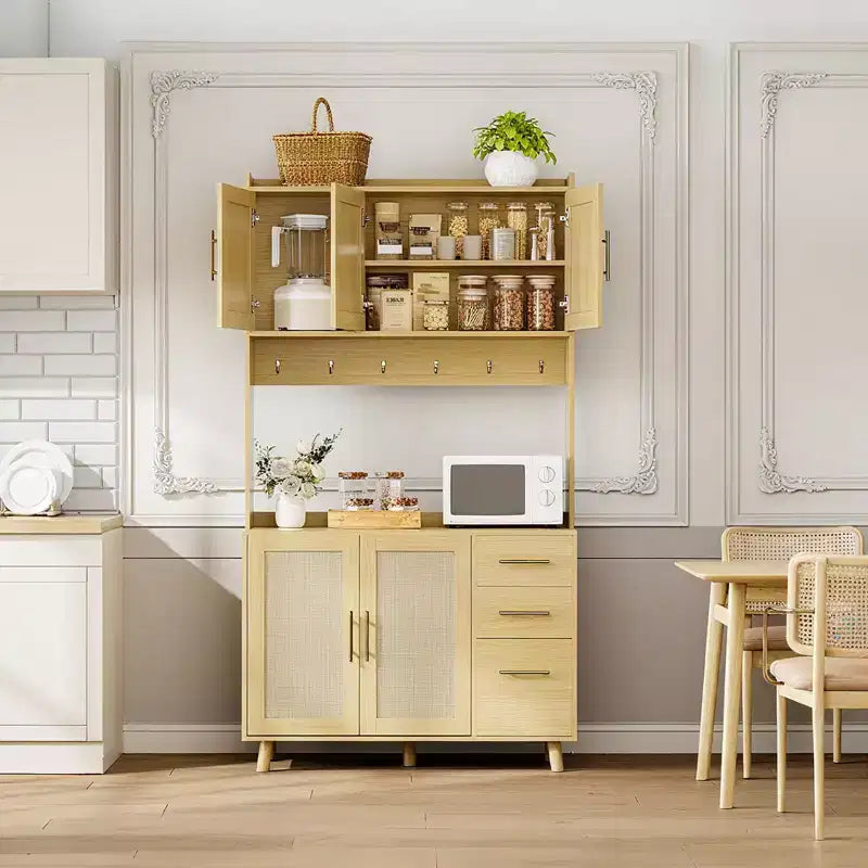 Meuble de rangement de cuisine en rotin 71 po, buffet avec support pour micro-ondes, étagères réglables et 6 crochets, naturel