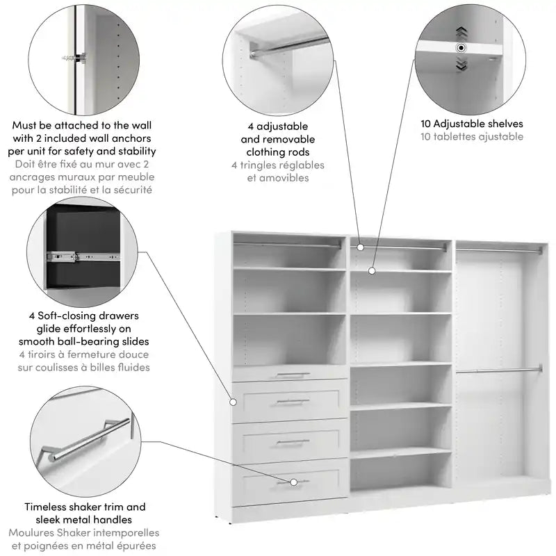 107 Système de dressing modulaire avec tringles, étagères et tiroirs style Shaker