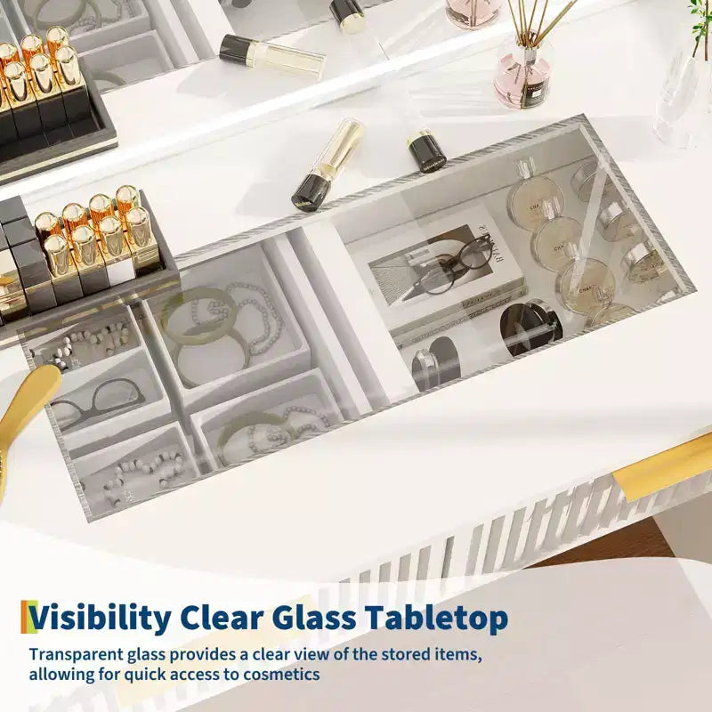 Coiffeuse de maquillage avec miroir éclairé et station de recharge, tactile 3 couleurs à intensité variable, 5 tiroirs et plateau en verre, table de maquillage moderne pour chambre à coucher