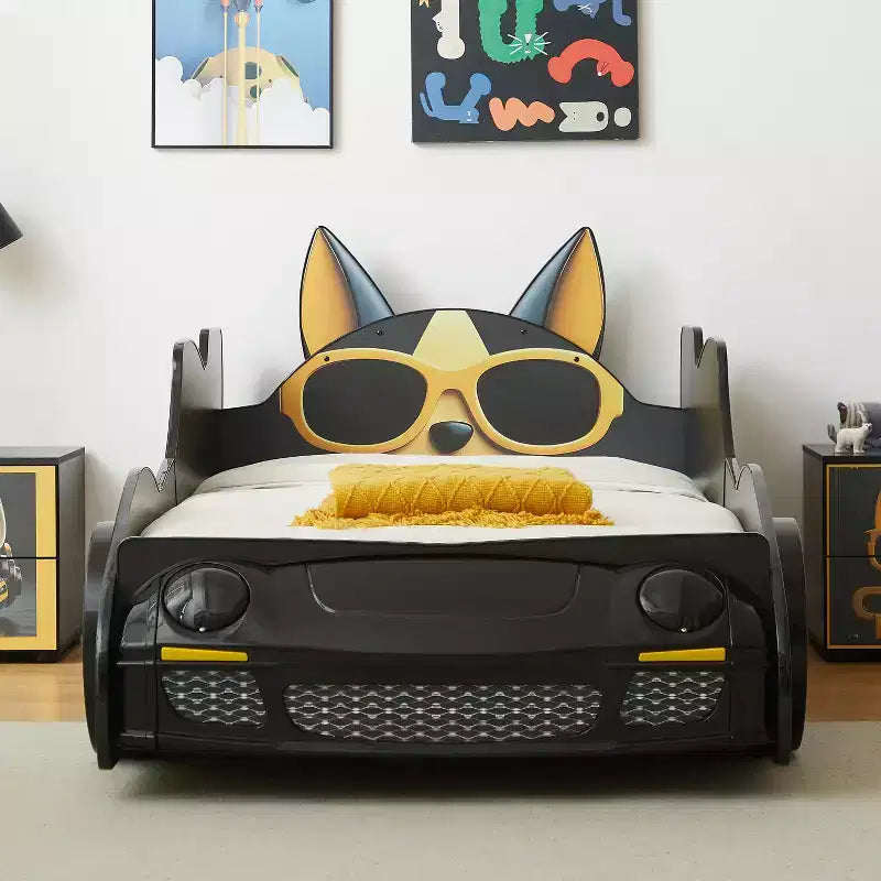 GDFStudio Fauna Lit pour enfant double taille en forme de voiture de course moderne avec phares LED