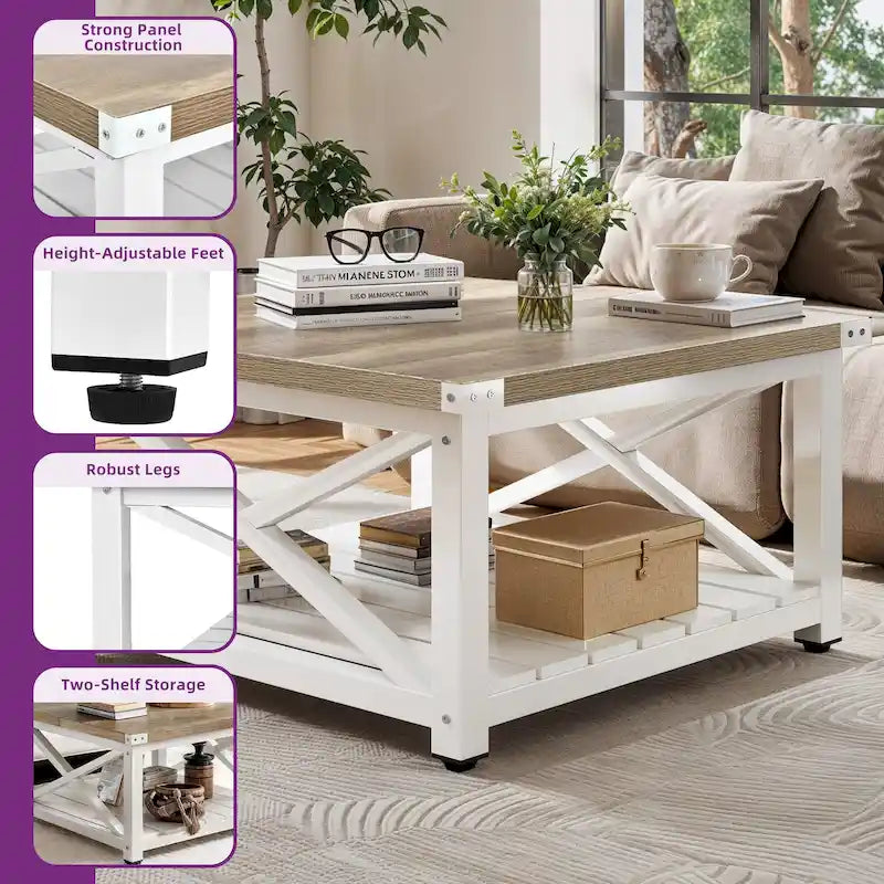Table basse carrée à plateau relevable Moasis Farmhouse avec étagère de rangement pour salon