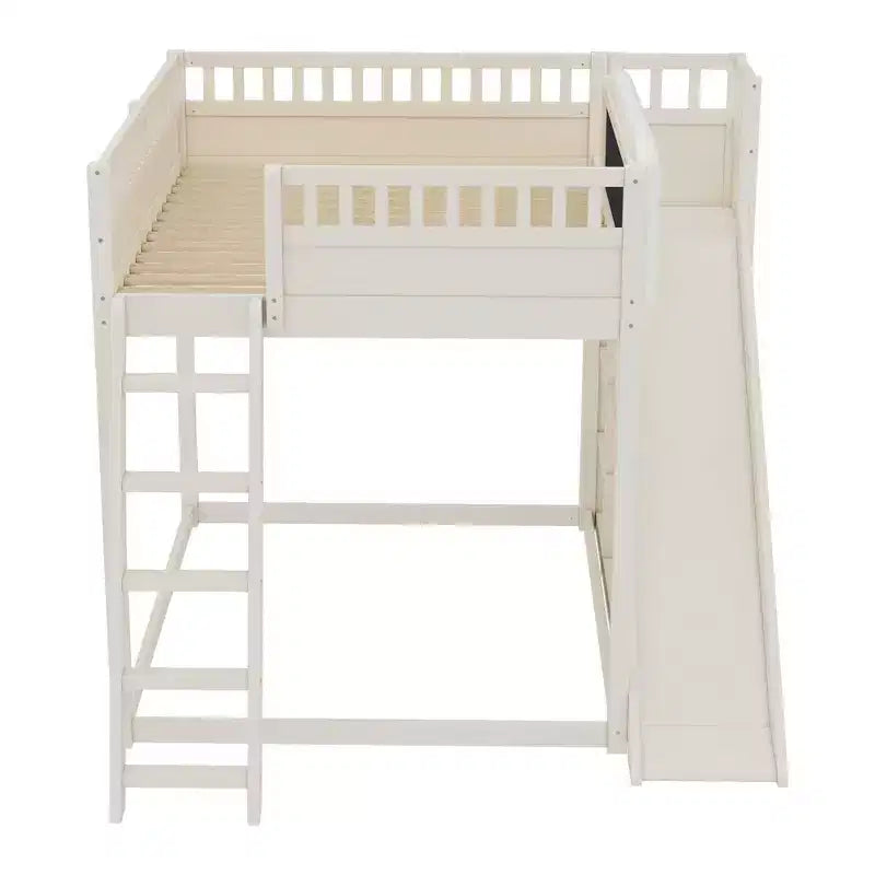 Lit mezzanine Bellemave avec tête de lit rembourrée et étagères de rangement, cadre de lit mezzanine en bois massif avec échelle et toboggan pour enfants