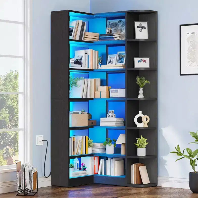 Étagère à 6 niveaux avec lumière LED, bibliothèque moderne de 180 cm, étagère d'angle en forme de L, meuble de rangement et de présentation.