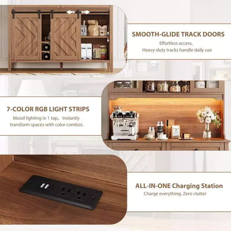 Meuble de bar de ferme 72 po avec porte coulissante de style grange Grand buffet de cuisine avec huche, station de recharge, 2 tiroirs et 8 étagères de rangement Café