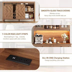 Meuble de bar de ferme 72 po avec porte coulissante de style grange Grand buffet de cuisine avec huche, station de recharge, 2 tiroirs et 8 étagères de rangement Café