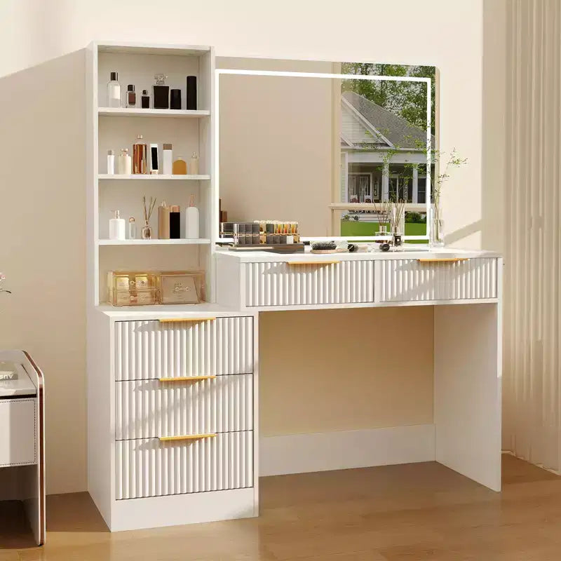 Coiffeuse de maquillage avec miroir éclairé et station de recharge, tactile 3 couleurs à intensité variable, 5 tiroirs et plateau en verre, table de maquillage moderne pour chambre à coucher
