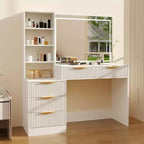 Coiffeuse de maquillage avec miroir éclairé et station de recharge, tactile 3 couleurs à intensité variable, 5 tiroirs et plateau en verre, table de maquillage moderne pour chambre à coucher