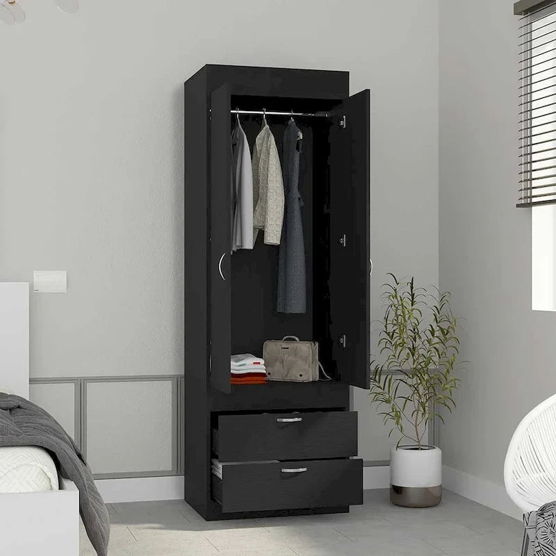 18.9 Armoire moderne à deux portes avec deux tiroirs inférieurs et tringle de suspension pour chambre à coucher