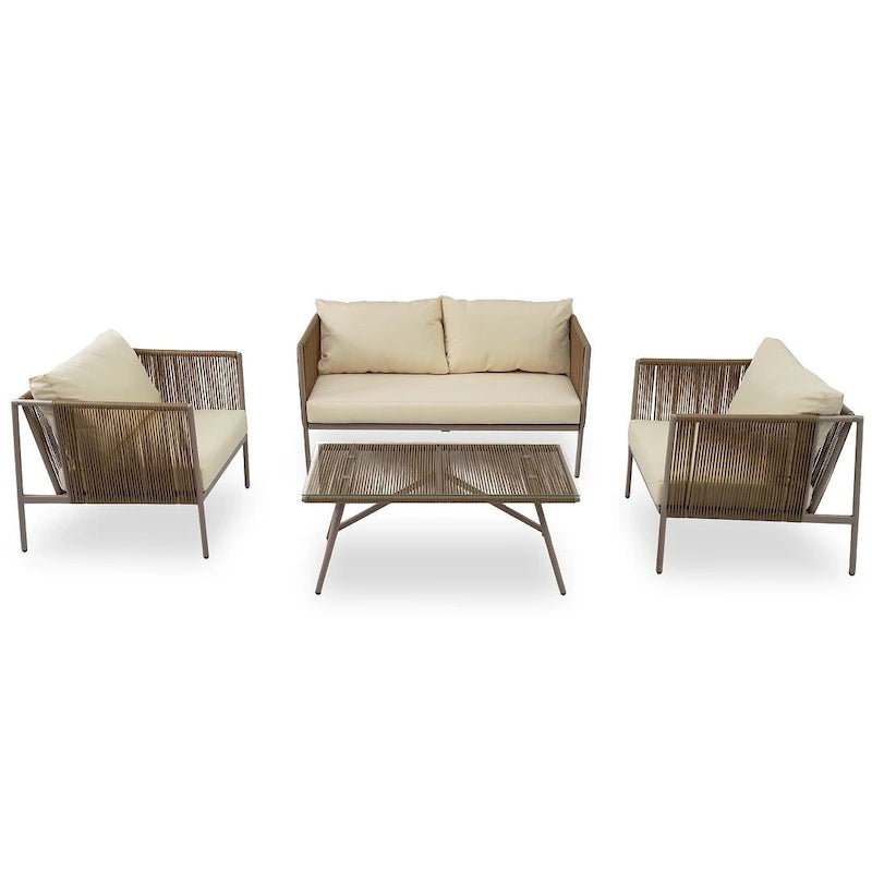 Ensemble de patio en corde d'extérieur 4 pièces pour 4 personnes avec coussins et table en verre