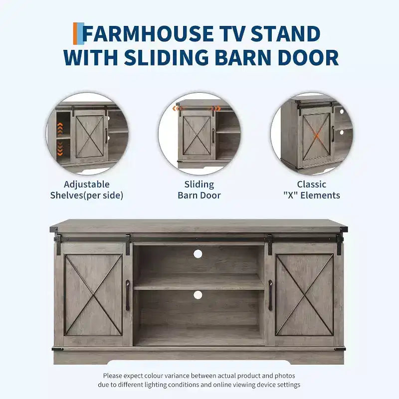 Meuble TV de style ferme pour téléviseurs jusqu'à 65 pouces, meuble de divertissement avec portes coulissantes de grange et armoires de rangement, console multimédia pour salon, chambre à coucher