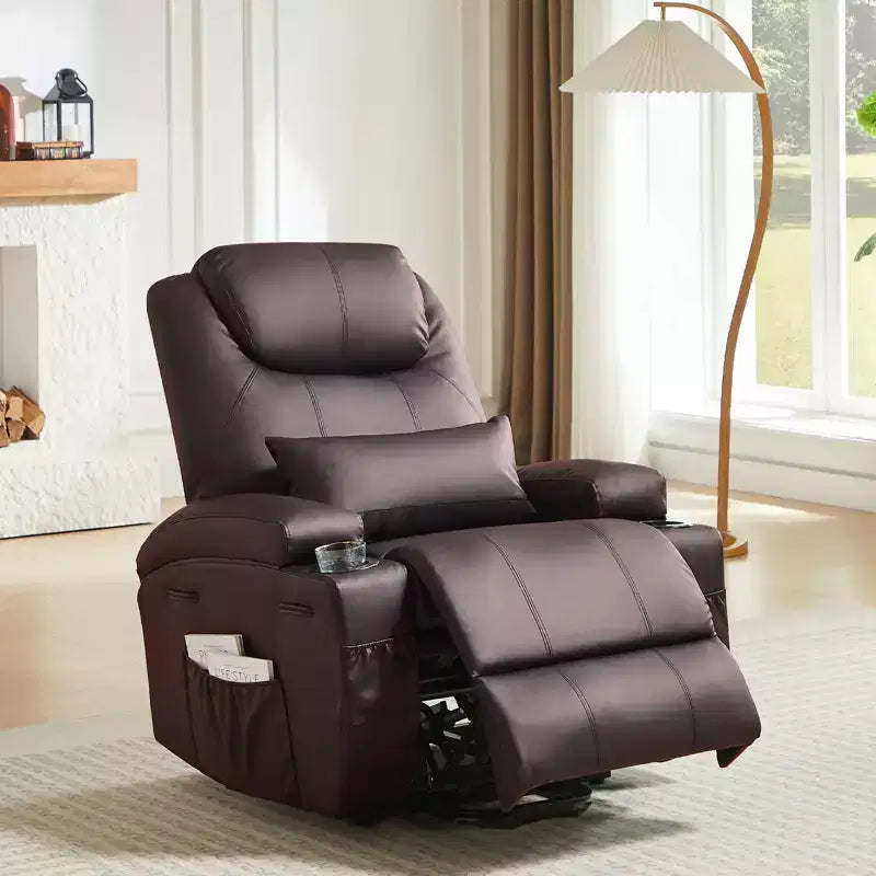 Fauteuil inclinable électrique avec fonction releveur, massage et chauffage Bestier 34,6 po, fauteuil inclinable en similicuir avec poches latérales et porte-gobelets