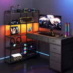 Bureau d'ordinateur en L de 120 cm avec 6 tiroirs et 5 étagères, bureau de jeu d'angle réversible avec lumières LED et prises de courant