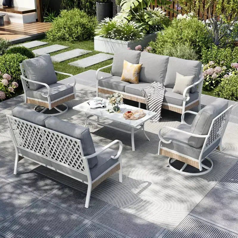 Captiva Designs Ensemble de conversation d'extérieur 5 pièces extra large en métal et rotin avec fauteuils pivotants à dossier en treillis et causeuse