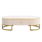 Table basse moderne 47W avec tiroirs, design profilé incurvé, pieds en métal doré, ovale, blanc+doré-ModernLuxe