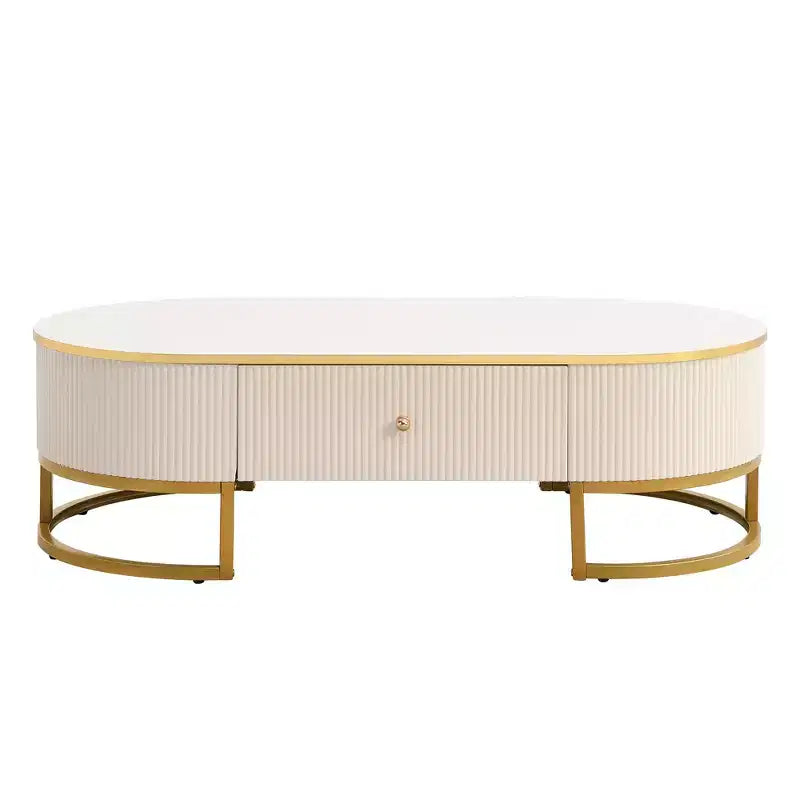 Table basse moderne 47W avec tiroirs, design profilé incurvé, pieds en métal doré, ovale, blanc+doré-ModernLuxe