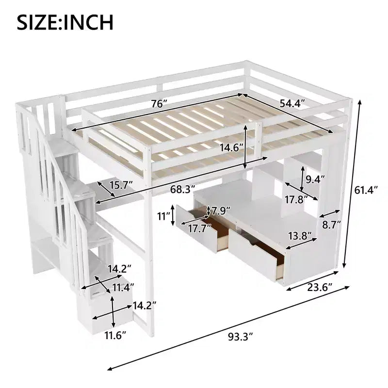 Lit mezzanine pleine grandeur avec escalier et bureau, cadre de lits mezzanine en bois avec tiroirs de rangement et étagères pour adultes, adolescents et enfants