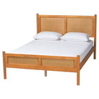 Ensemble de chambre à coucher Japandi 5 pièces Baxton Studio Jenn en bois brun doré, taille grand lit, avec rotin au fini vieilli