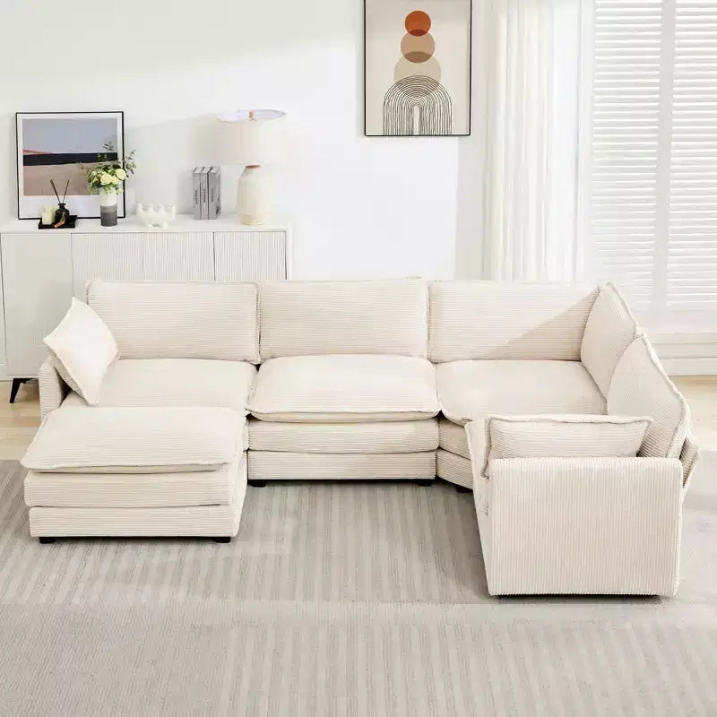 Canapé modulaire moderne 5 places en velours côtelé, surdimensionné, 113,4 po (L) x 79,13 po (l), avec pouf, canapé en U avec coin salon, HYLEORY