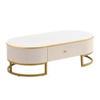 Table basse moderne 47W avec tiroirs, design profilé incurvé, pieds en métal doré, ovale, blanc+doré-ModernLuxe