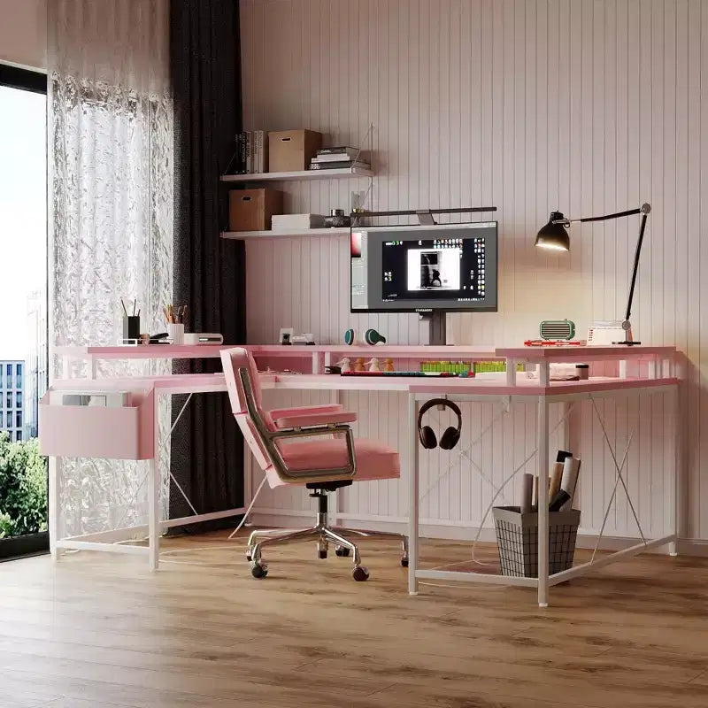 COZONY Bureau de jeu en forme de U/L 78", bureau d'ordinateur réversible avec prises de courant, lumières LED, support de moniteur et étagère de rangement, bureau d'angle pour le bureau à domicile