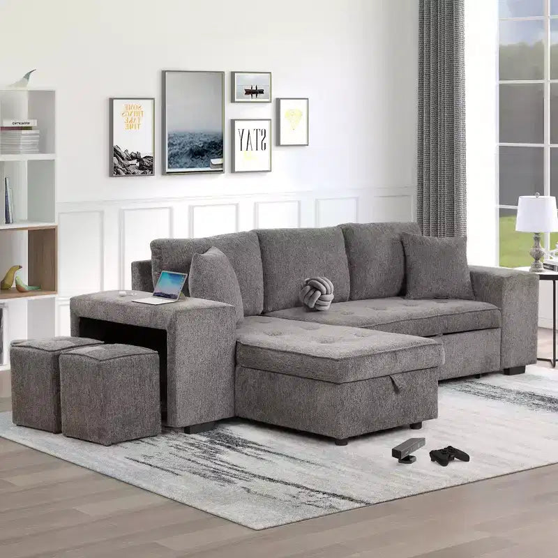 Sectionnel réversible en L de 104,5 po avec chaise longue de rangement et 2 poufs – Canapé-lit convertible 3 places pour salon