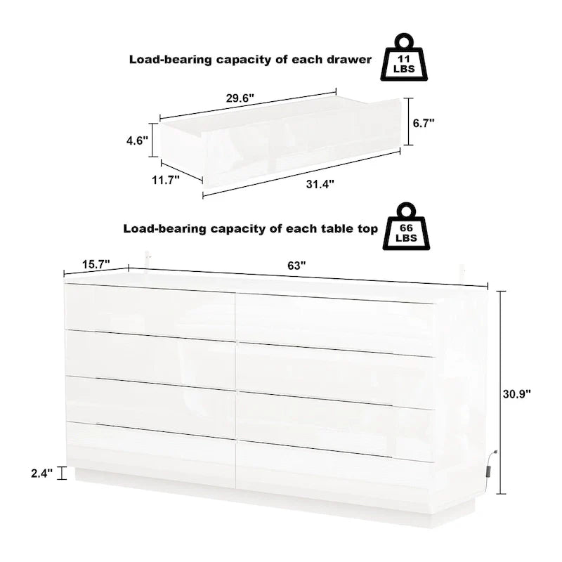 Commode haute brillance 63 po avec 8 tiroirs lumineux et plateau spacieux