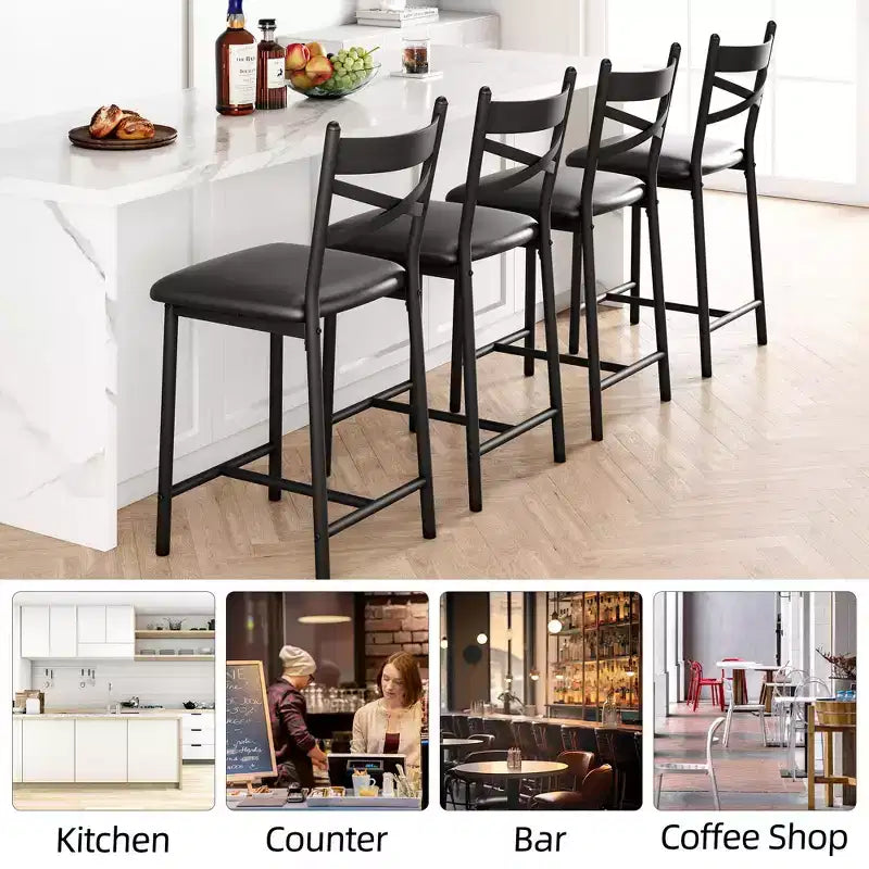 Lot de 4 tabourets de bar, chaises de bar rembourrées en PU, chaises d'îlot de cuisine avec dossier en X et repose-pieds en métal, chaises de comptoir noires