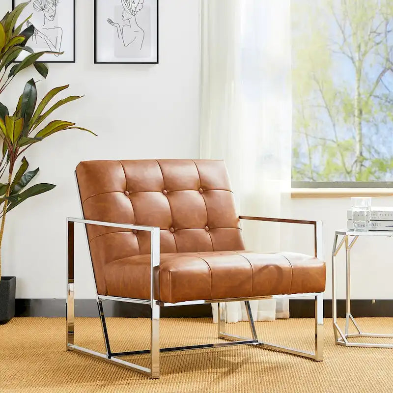 Glitzhome Fauteuil d'appoint touffeté en cuir PU crème, style milieu de siècle, 77,5 cm de hauteur, avec cadre chromé