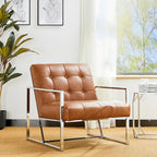 Glitzhome Fauteuil d'appoint touffeté en cuir PU crème, style milieu de siècle, 77,5 cm de hauteur, avec cadre chromé