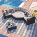Ensemble de canapé d'extérieur moderne en osier 7 pièces avec table basse, coussins et oreillers rayés, idéal pour le patio, le jardin, la terrasse