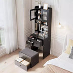 Coiffeuse 3-en-1 avec miroir lumineux, table de toilette compacte avec tiroirs, compartiment de rangement et tabouret roulant pour chambre à coucher