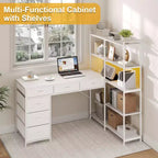 Bureau d'ordinateur en L de 120 cm avec 6 tiroirs et 5 étagères, bureau de jeu d'angle réversible avec lumières LED et prises de courant
