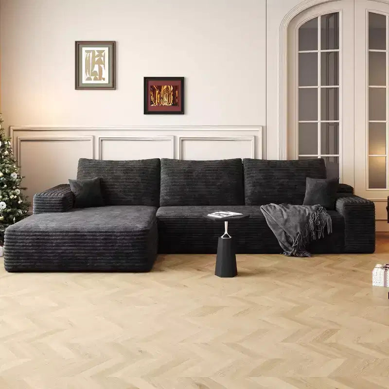 Canapé sectionnel nuage noir en velours côtelé moelleux de 271 cm avec méridienne en L, canapé modulaire moderne avec assise profonde pour salon, appartement