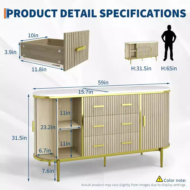 Buffet bas de ferme cannelé de 150 cm, meuble TV avec 6 tiroirs et 2 portes coulissantes, meuble de rangement polyvalent pour salon