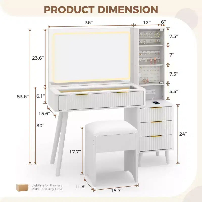 Coiffeuse cannelée de 122 cm avec miroir et lumières LED, station de charge, tabouret de rangement rembourré pour chambre à coucher